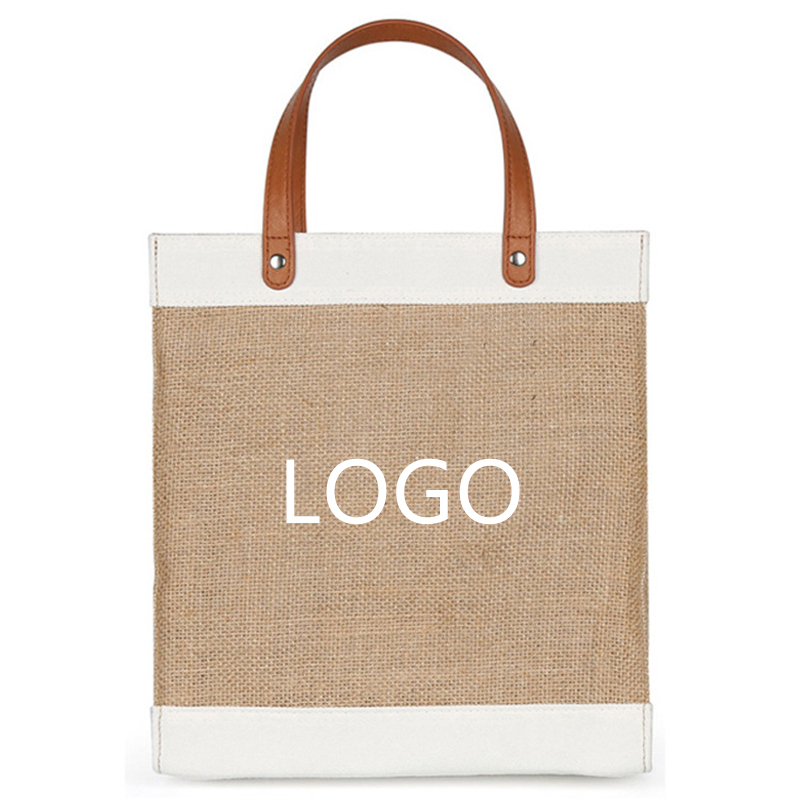 Custom Printed Logo Shopping Bags Eco Reusable Jute Tote Bag Leather Handles