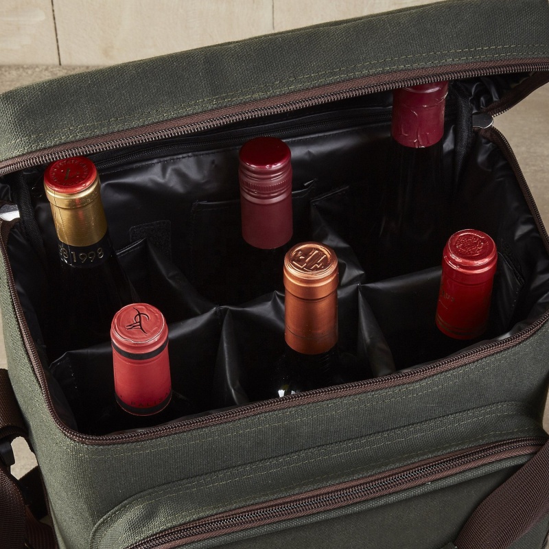 Light Weight and Durable Waxed Canvas 6-Bottle Wine Bag Thermal Insulated