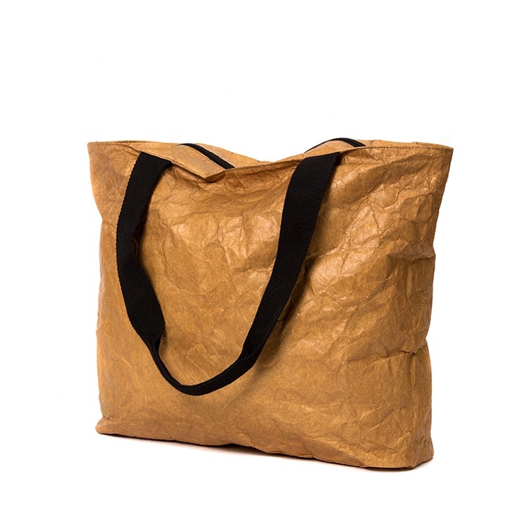 Custom Logo Printed Two Tones Brown Tyvek Tote Bag with Nylon Straps