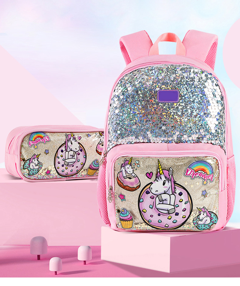 High-Quality Sequin Children Unicorn School Bags with Pencil Cases Set