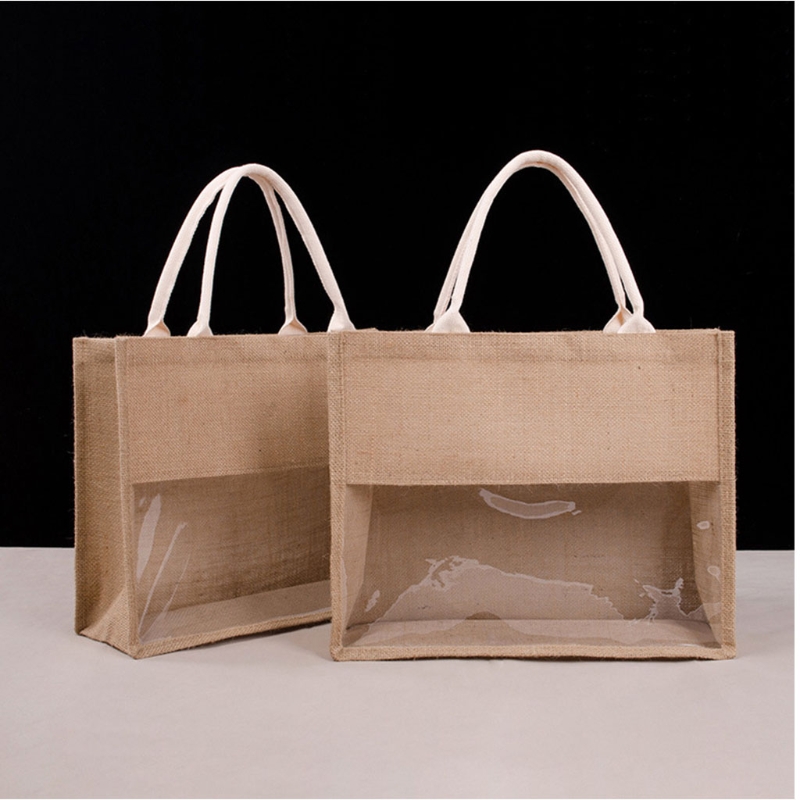 Custom Eco-Friendly Shopping Bag with Handles Clear Window Jute Bags