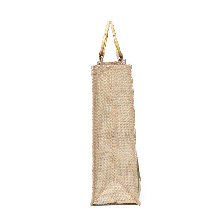 Custom Printed Large Natural Eco-Friendly Burlap Jute Shopping Bag with Bamboo Handle