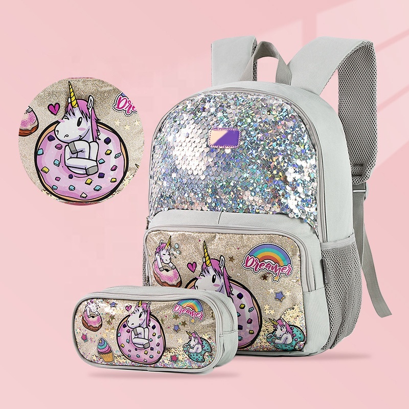 High-Quality Sequin Children Unicorn School Bags with Pencil Cases Set