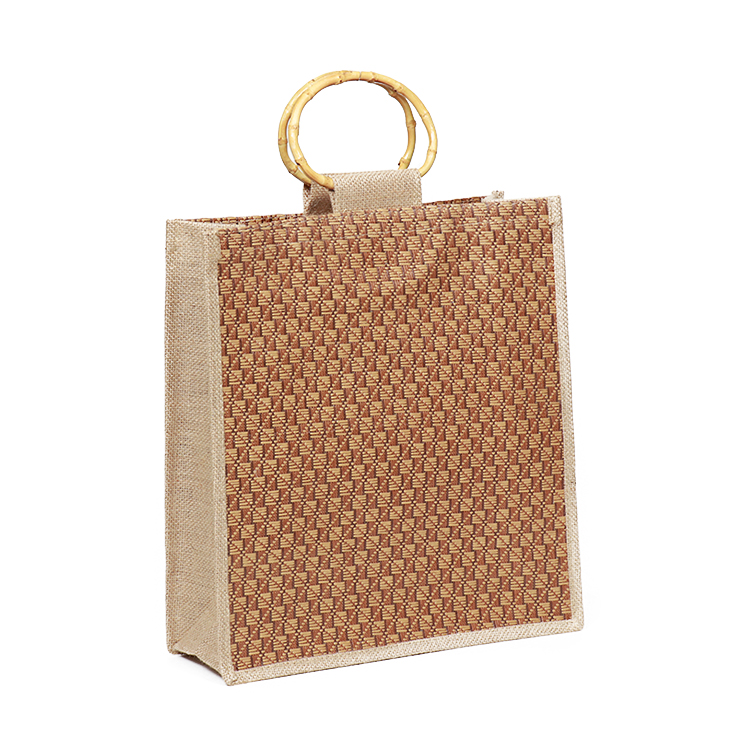 Custom Printed Large Natural Eco-Friendly Burlap Jute Shopping Bag with Bamboo Handle