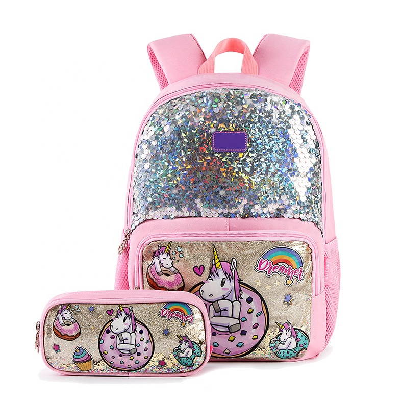 High-Quality Sequin Children Unicorn School Bags with Pencil Cases Set