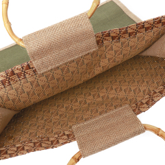 Custom Printed Large Natural Eco-Friendly Burlap Jute Shopping Bag with Bamboo Handle