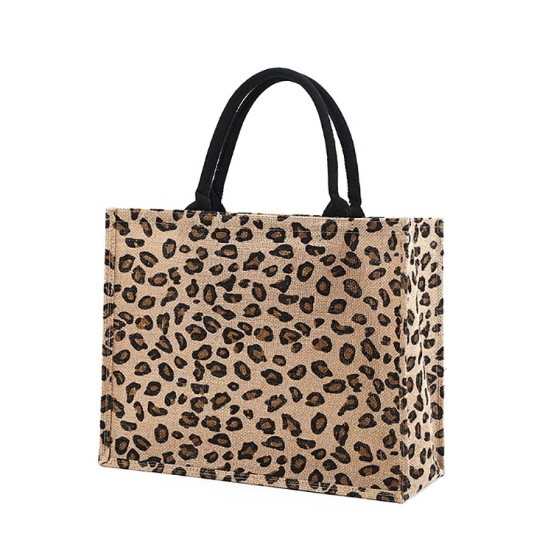 Custom New Leopard Jute Gunny Shopping Tote Bag Natural