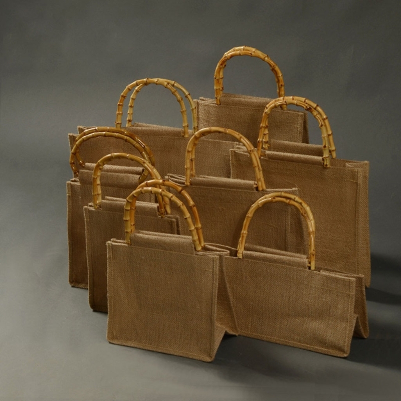 Custom Printing Jute Shopping Bags With Bamboo Loop Handles