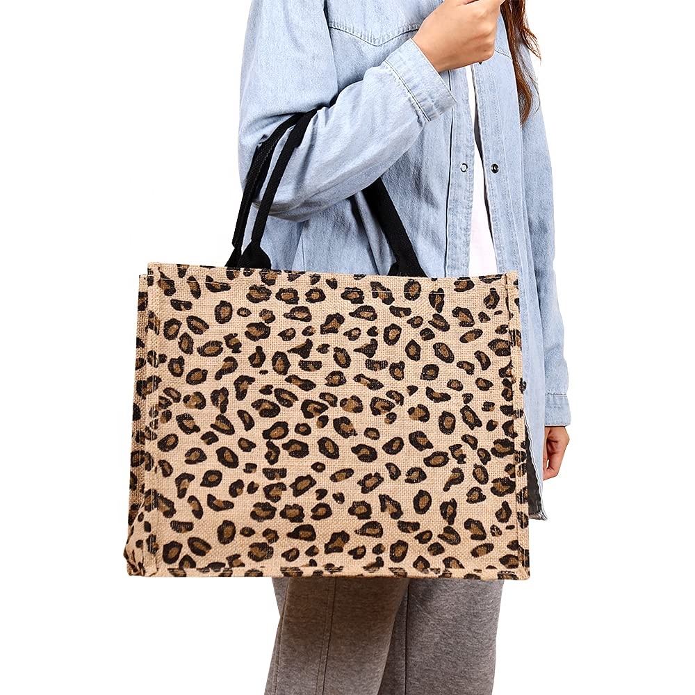 Custom New Leopard Jute Gunny Shopping Tote Bag Natural