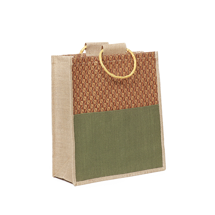 Custom Printed Large Natural Eco-Friendly Burlap Jute Shopping Bag with Bamboo Handle