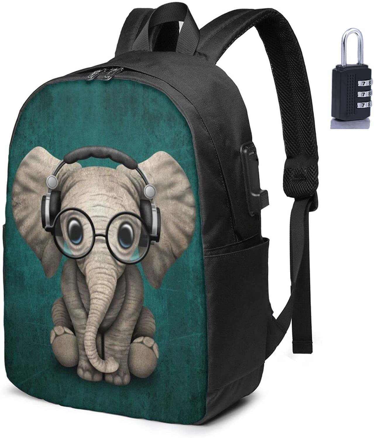 Cute Elephant Travel Backpack With USB Charging Port Fit 17 Inch Laptops
