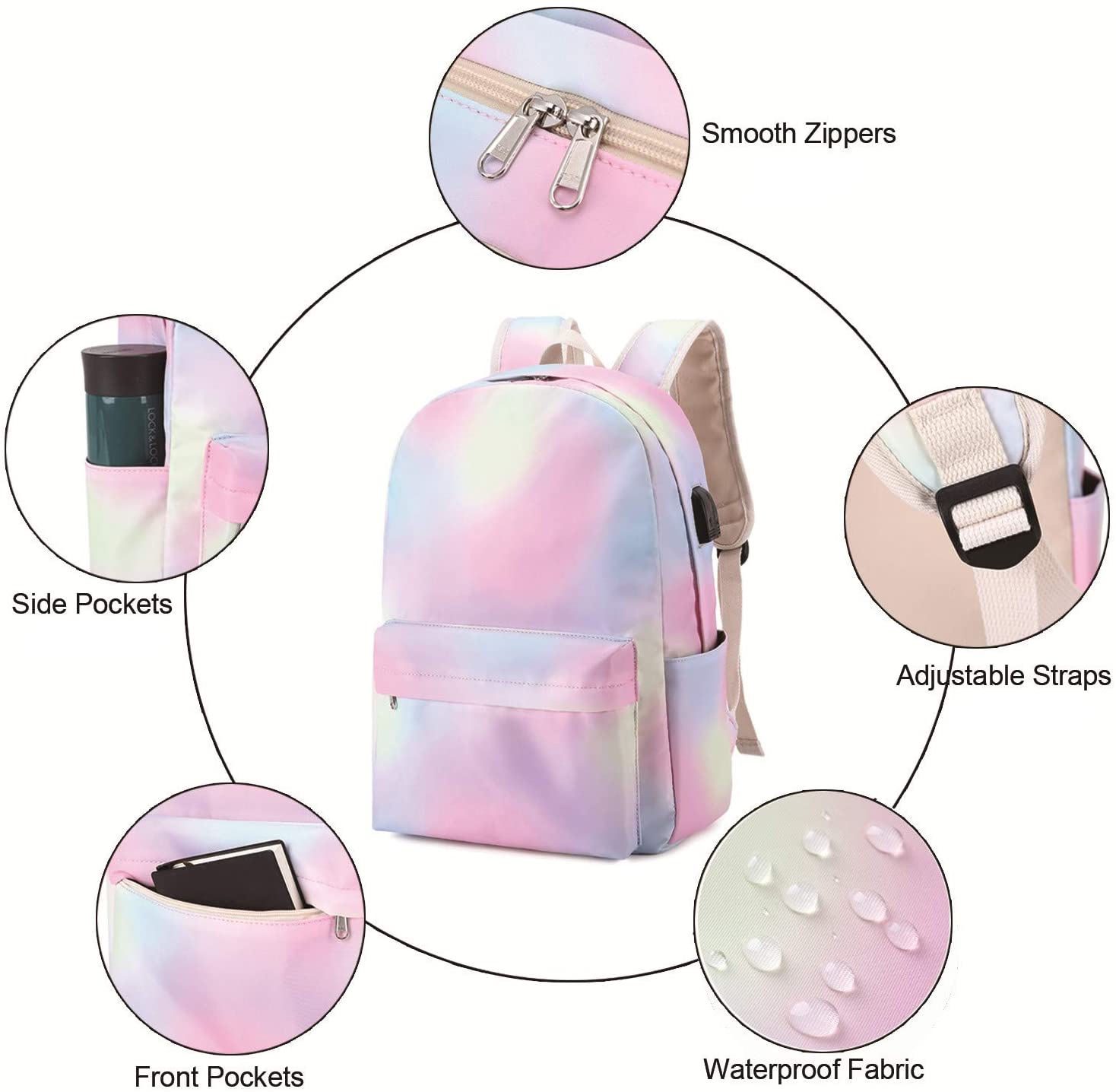 Rainbow Backpacks Water Resistant Casual with USB Charging Port & Headphone Interface