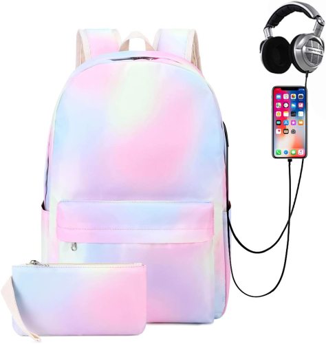 Rainbow Backpacks Water Resistant Casual with USB Charging Port & Headphone Interface