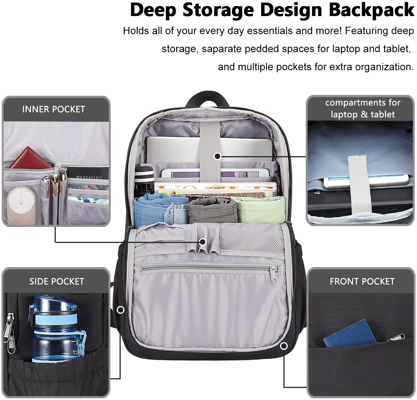 Deep Storage Laptop Backpack with USB Charging Port Water Resistant