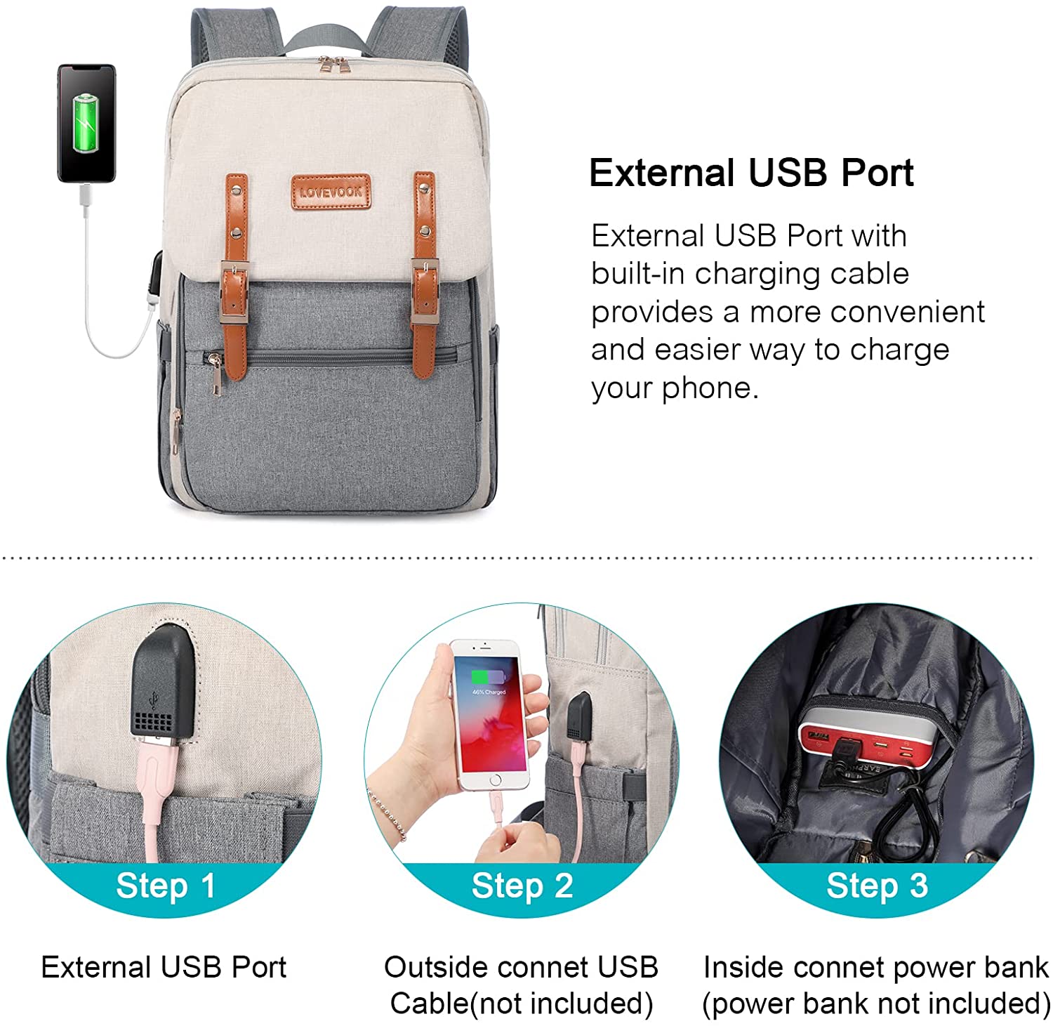 Backpack for School College Casual Daypacks with USB Charging Port