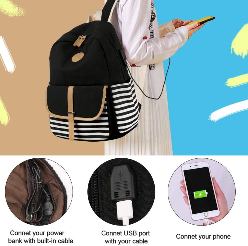 Backpacks for Women Teen Girls with USB Charging Port Set Bookbags+Insulated Lunch Bag+Pouch 3 in 1