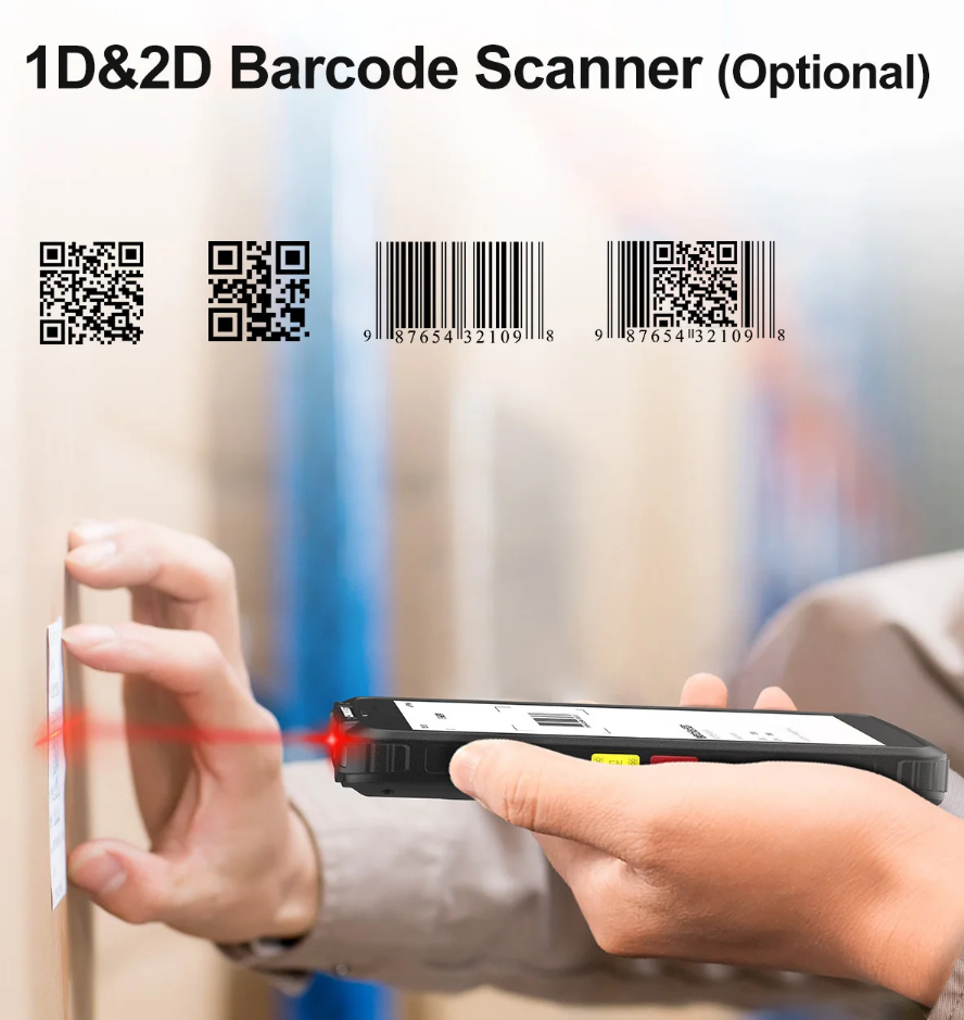 Warehouse worker using a rugged smartphone with barcode scanner