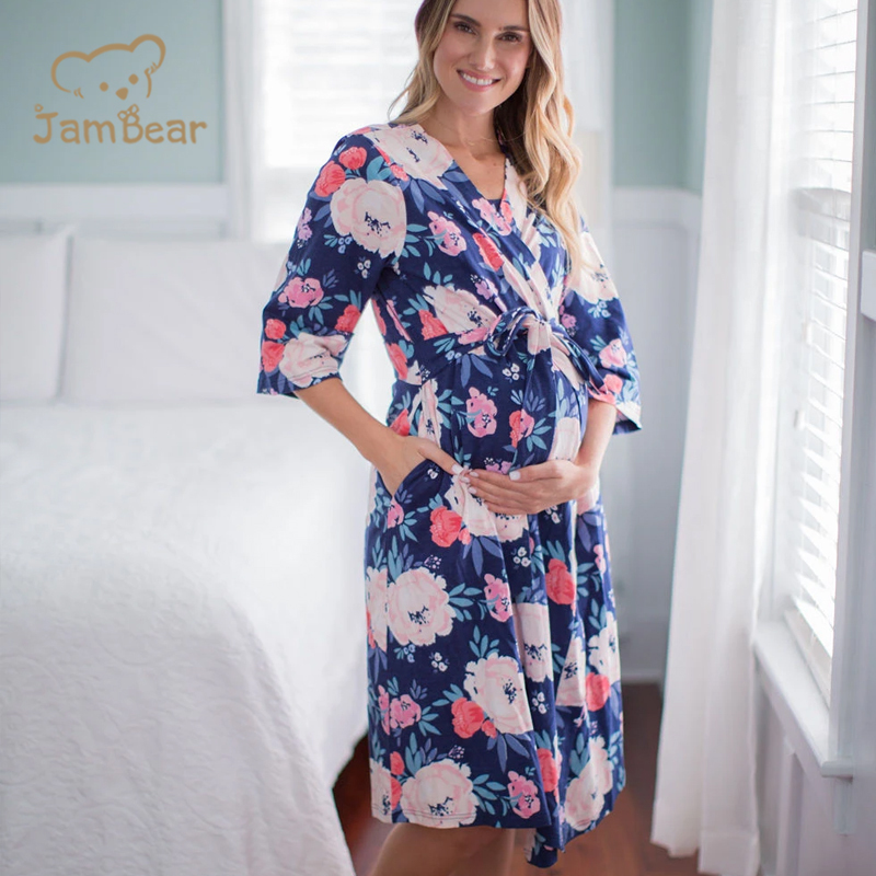 Jambear organic nursing gowns and swaddle Bamboo Fiber maternity robe Mommy Robe +Baby Blanket and Bow organic Bamboo Mom Robe