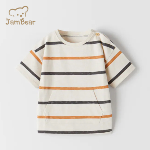 JamBear Organic Cotton T-Shirt Short sleeve striped pocket T-shirt Summer Baby Kids Cotton T-shirts Children Tops