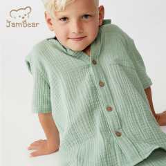 JamBear Organic short sleeve kids shirts sustainable Organic Cotton shirt Organic baby clothes Turn-Down Button Down Shirts