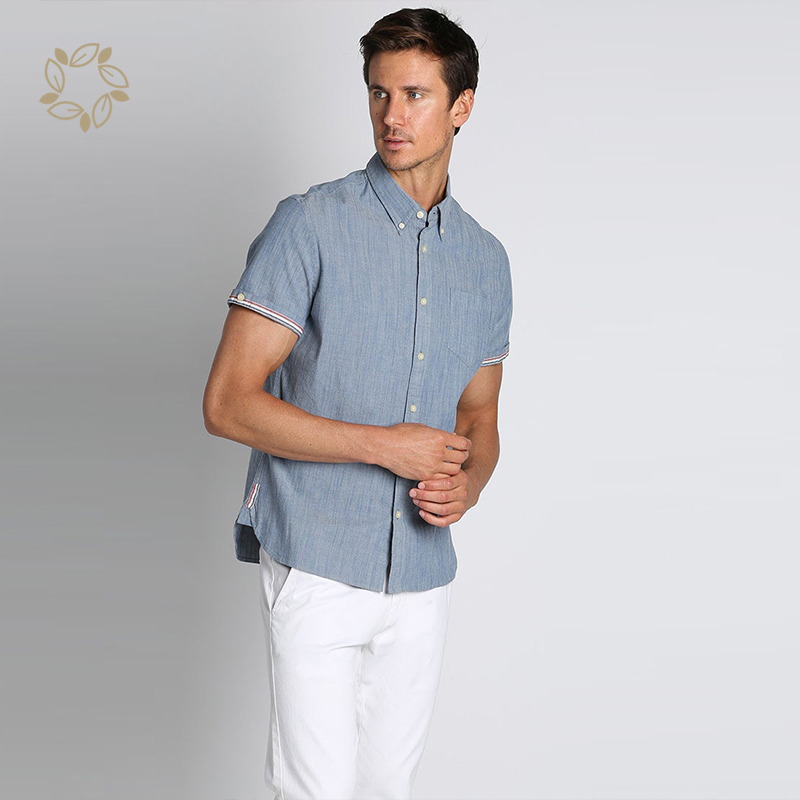 Sustainable stretch slub chambray short sleeve shirt organic cotton shirts for men casual eco friendly men's shirts
