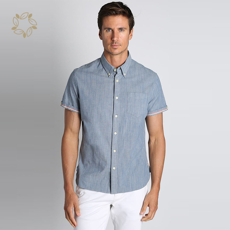 Sustainable stretch slub chambray short sleeve shirt organic cotton shirts for men casual eco friendly men's shirts