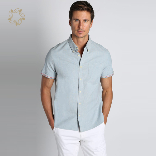 Sustainable stretch slub chambray short sleeve shirt organic cotton shirts for men casual eco friendly men's shirts