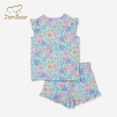 Organic cotton girls kids custom pajamas sustainable kids short sleeve pyjama set ruffled sleeve eco friendly girls' sleepwear