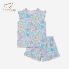 Organic cotton girls kids custom pajamas sustainable kids short sleeve pyjama set ruffled sleeve eco friendly girls' sleepwear