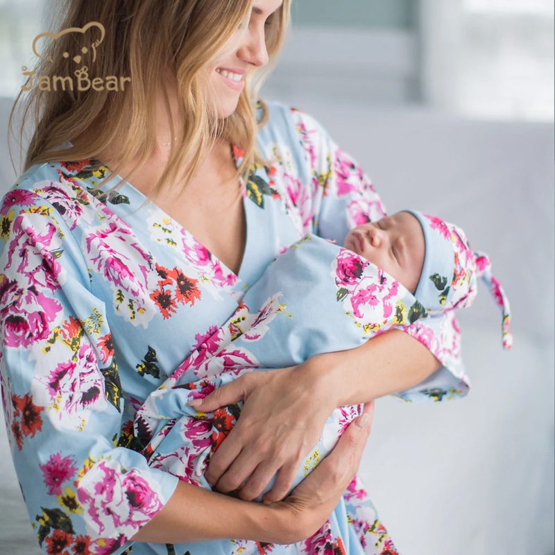 Jambear organic nursing gowns and swaddle Mommy Robe Maternity Robe and baby blankets Bamboo Fiber newborn baby and mom robe