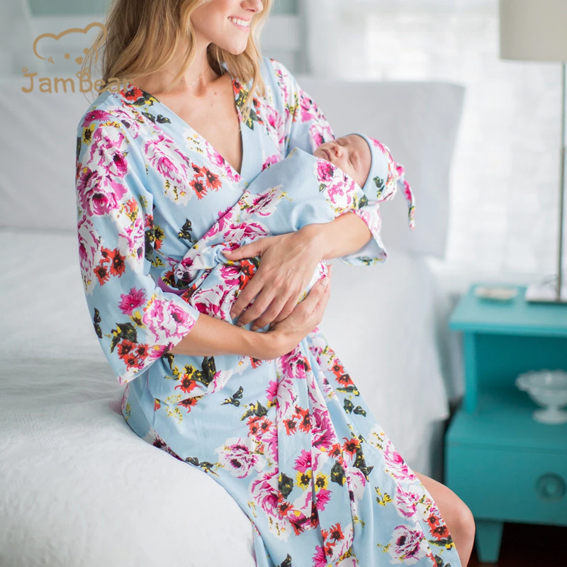 Jambear organic nursing gowns and swaddle Mommy Robe Maternity Robe and baby blankets Bamboo Fiber newborn baby and mom robe