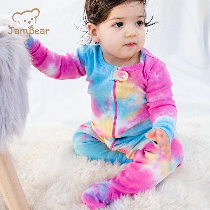 JamBear Digital tie-dye Baby rompers Organic cotton Footless Romper colorful baby romper manual tie dye baby sleepsuit