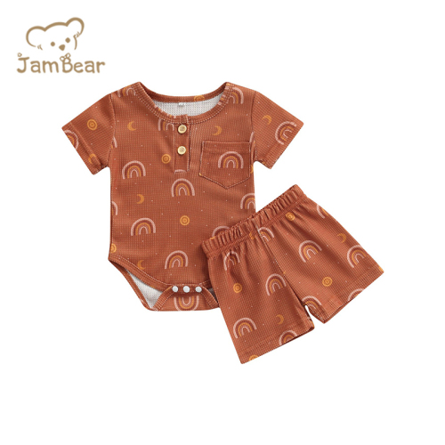 Sustainable baby romper set organic cotton baby shorts set summer waffle eco friendly toddler sets short sleeve