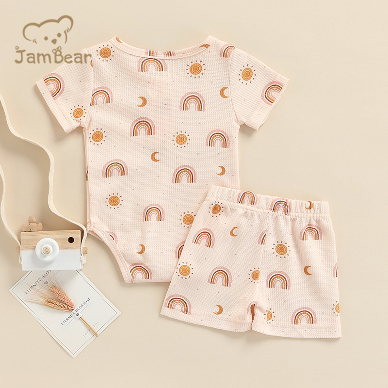 Sustainable baby romper set organic cotton baby shorts set summer waffle eco friendly toddler sets short sleeve