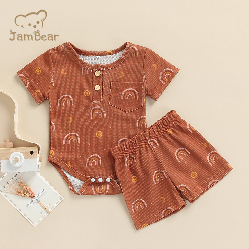 Sustainable baby romper set organic cotton baby shorts set summer waffle eco friendly toddler sets short sleeve