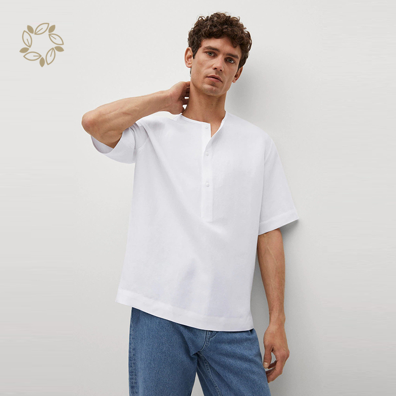 Sustainable shirts for men short sleeve regular fit lyocell linen henley shirt men's henry shirt eco friendly summer camisas