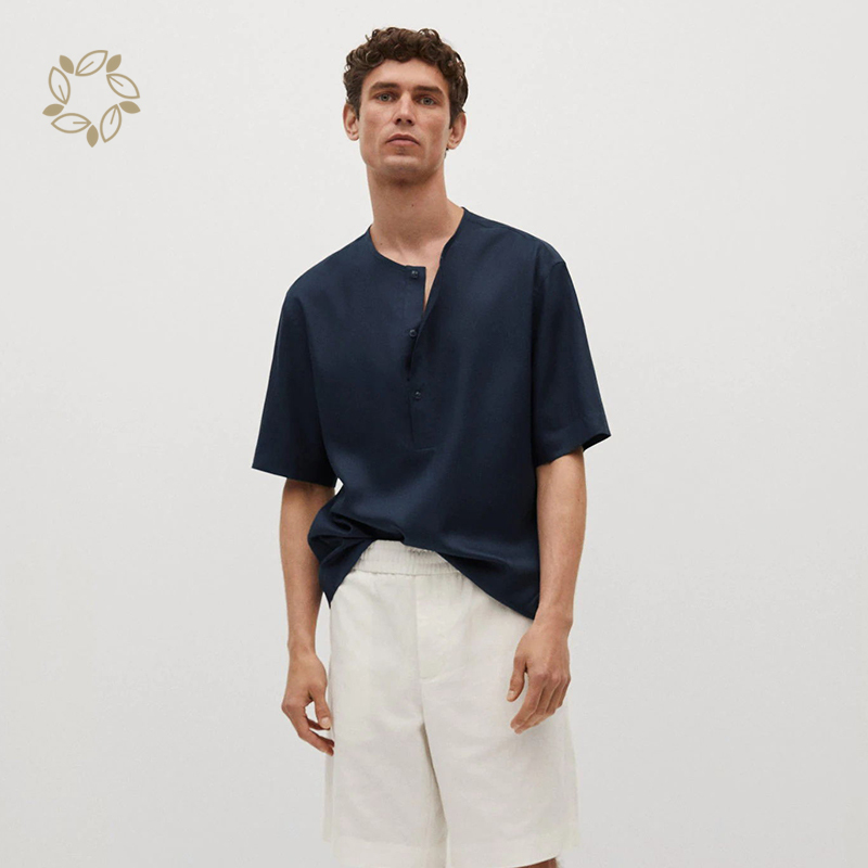 Sustainable shirts for men short sleeve regular fit lyocell linen henley shirt men's henry shirt eco friendly summer camisas