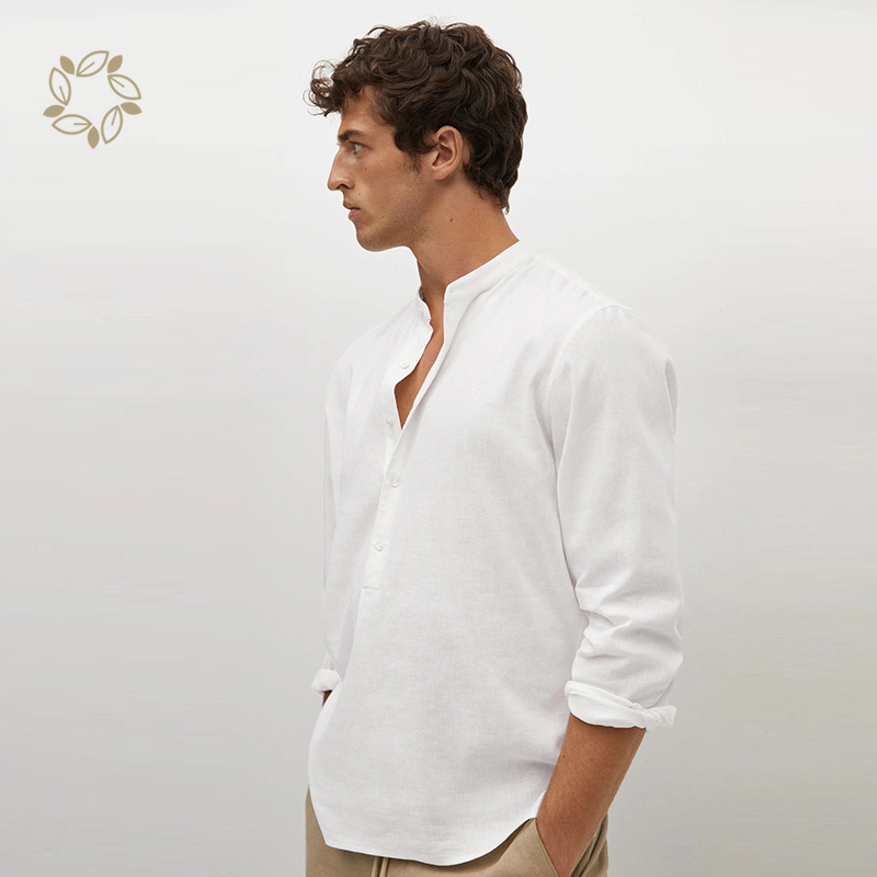 100% Linen shirts for men sustainable regular fit mao collar linen shirt men camisas long sleeve men's shirt