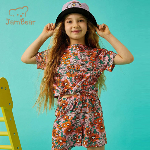 Summer floral short sleeve t-shirt 100% organic cotton jersey print t shirt for kids sustainable children tshirt