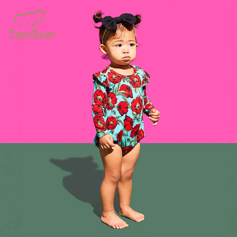 Sustainable long sleeve romper baby organic bamboo bubble romper eco friendly ruffled long sleeve bubble romper