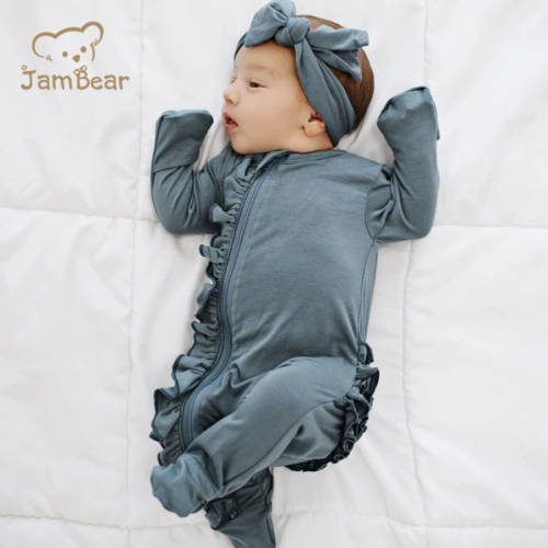 Organic bamboo baby ruffle zip romper sustainable ruffle infant zip sleepsuit eco friendly ruffled zipper footie