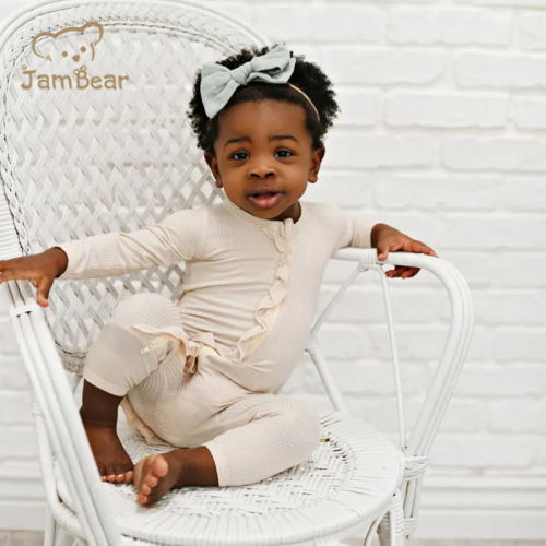 Organic ruffle infant zip sleepsuit bamboo viscose ruffle baby romper eco friendly ribbed baby rompers long sleeve