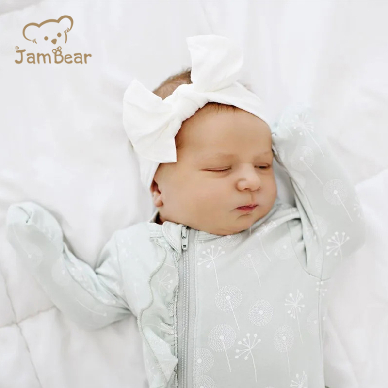 Sustainable ruffled baby romper footie printed organic bamboo baby ruffle zip romper eco friendly ruffles sleepsuit