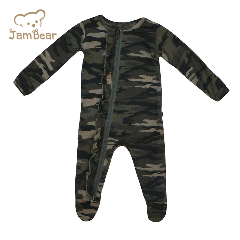 Sustainable ruffled baby romper footie printed organic bamboo baby ruffle zip romper eco friendly ruffles sleepsuit