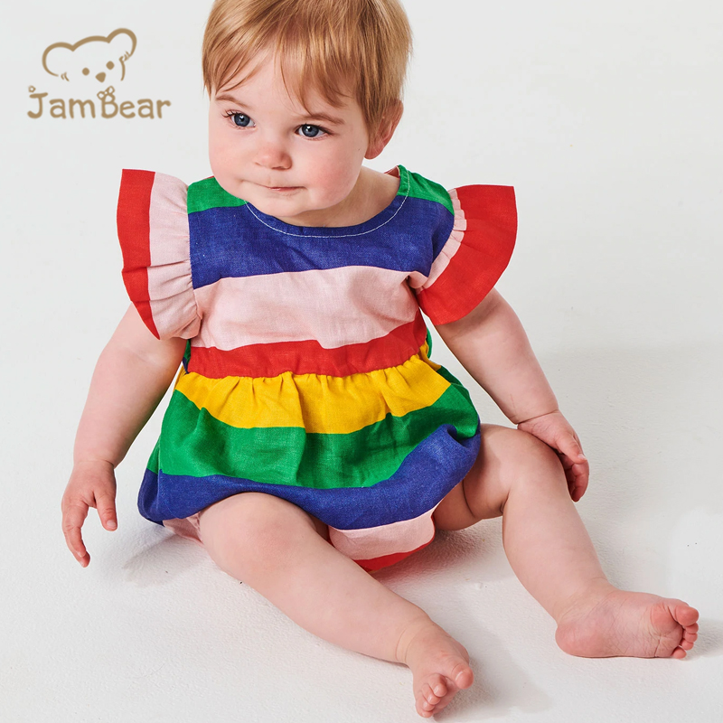 Jambear Ruffled Baby Jumpsuit Eco-Friendly Newbron Onesie Organic Baby Clothes Organic Linen Toddler Bodysuit Summer Baby Romper