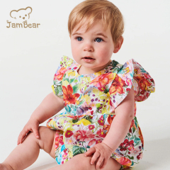 Jambear Linen Ruffled Baby Jumpsuit Summer Newbron Romper Organic Baby Clothes Printed Ruffled Bodysuit for Baby