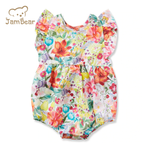 Jambear Linen Ruffled Baby Jumpsuit Summer Newbron Romper Organic Baby Clothes Printed Ruffled Bodysuit for Baby