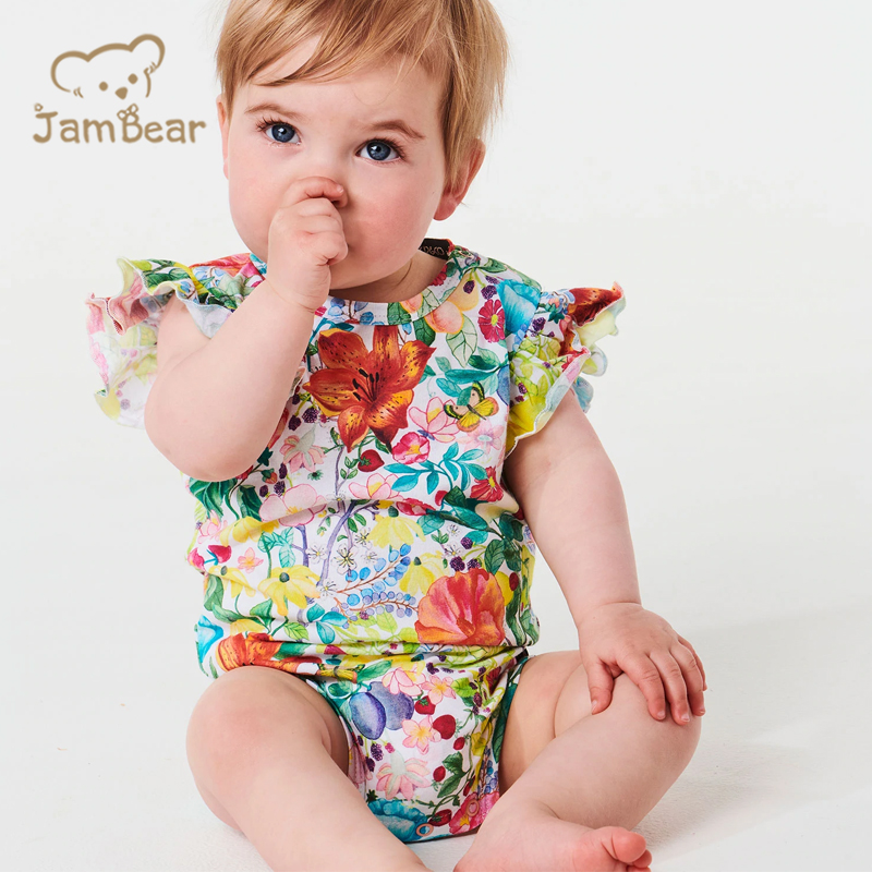 Jambear Printed Ruffled Bodysuit for Infant Linen Ruffled Baby Jumpsuit Knit Infant Romper Pure Linen Baby Clothes Baby Onesie