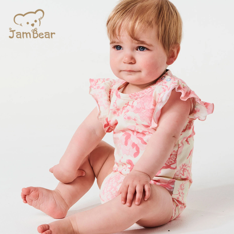 Jambear Printed Ruffled Bodysuit for Infant Linen Ruffled Baby Jumpsuit Knit Infant Romper Pure Linen Baby Clothes Baby Onesie