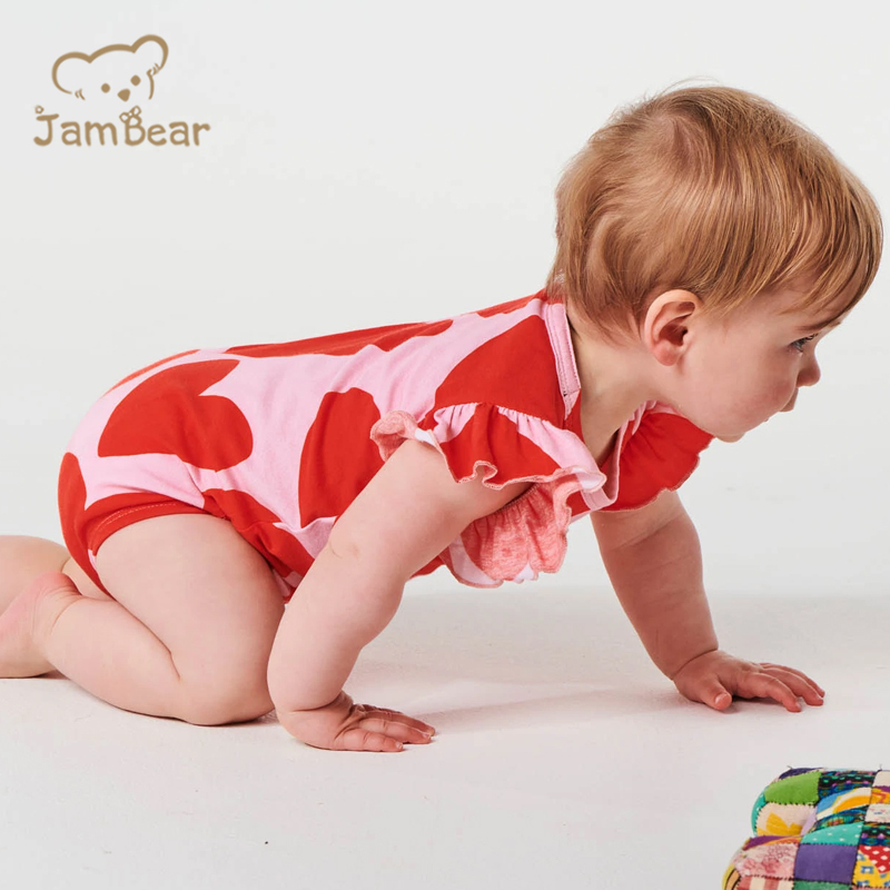 Jambear Printed Ruffled Bodysuit for Infant Linen Ruffled Baby Jumpsuit Knit Infant Romper Pure Linen Baby Clothes Baby Onesie